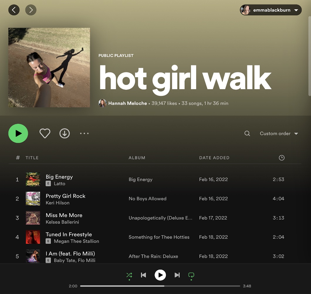 A screenshot of a Spotify playlist titled 'hot girl walk'